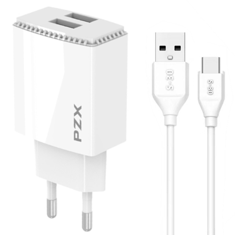 Зарядно устройство PZX P22, от контакт към 2x USB Type-A(ж), 5V, 3.1A, бяло, с включен USB C кабел | JAR Computers PZX P22 USB C 110205
